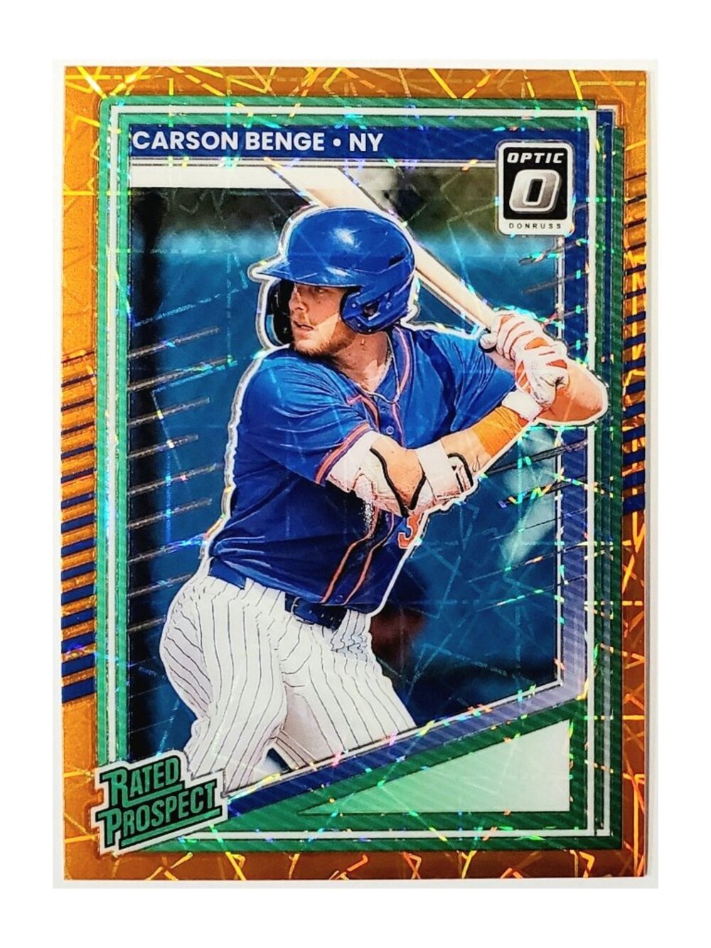 CARSON BENGE ROOKIE ORANGE VELOCITY RATED PROSPECT 2025 DONRUSS OPTIC #158, METS